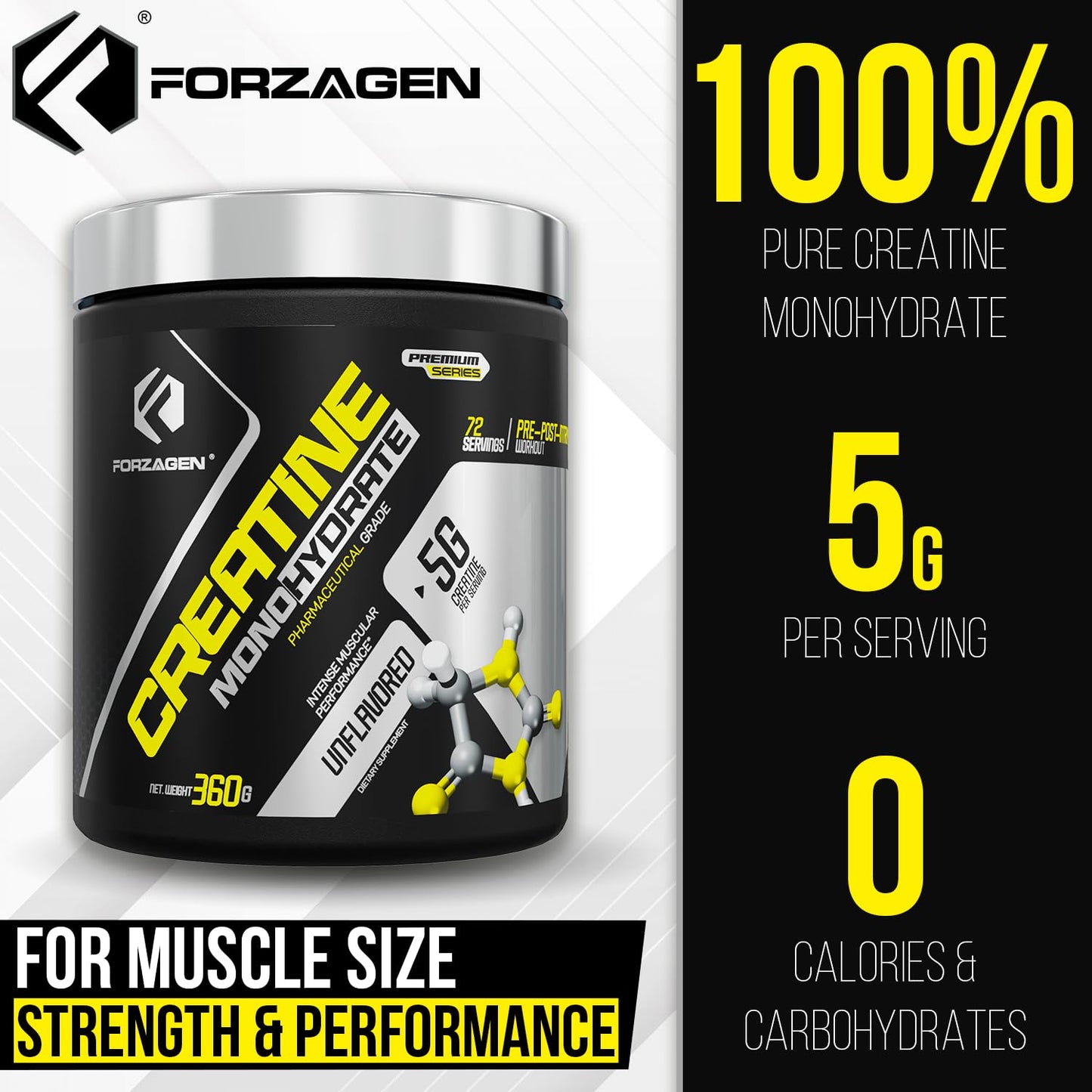 Forzagen Creatine Monohydrate Powder Unflavored, Micronized Creatine Powder for Muscle Gain for Men & Women, Creatina Monohidratada en Polvo, Creatina para Aumentar la Masa Muscular - 72 Servings