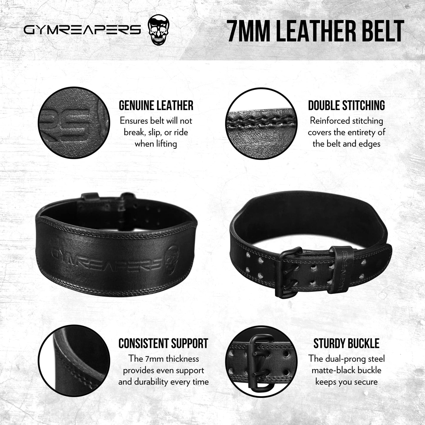 Gymreapers Weight Lifting Belt - 7MM Heavy Duty Pro Leather Belt with Adjustable Buckle - Stabilizing Lower Back Support 4 Inches Wide For Weightlifting, Bodybuilding, Cross Training (Black, X-Large)